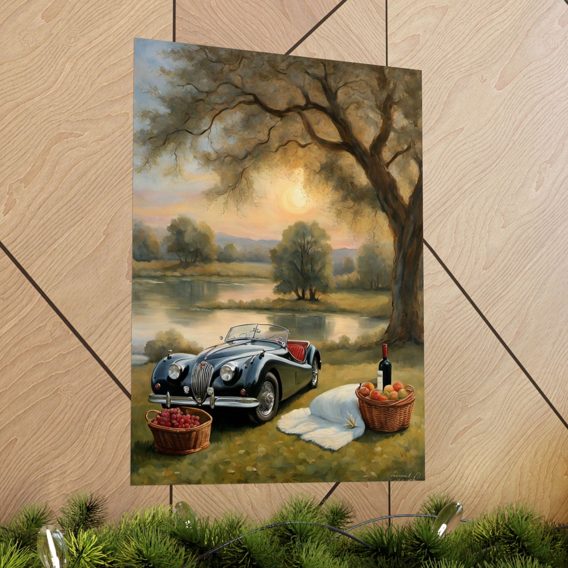 Scenic Vintage Car Matte Vertical Poster featuring a classic car by a lake with picnic baskets and a sunset background