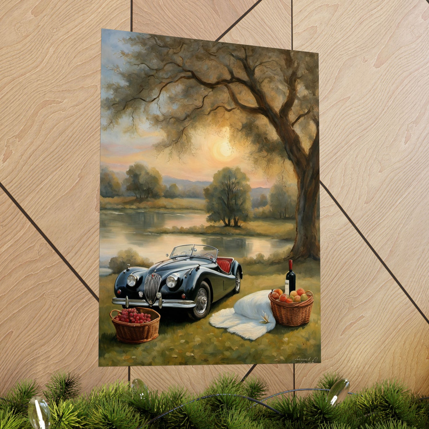 Scenic Vintage Car Matte Vertical Poster featuring a classic car by a lake with picnic baskets and a sunset background