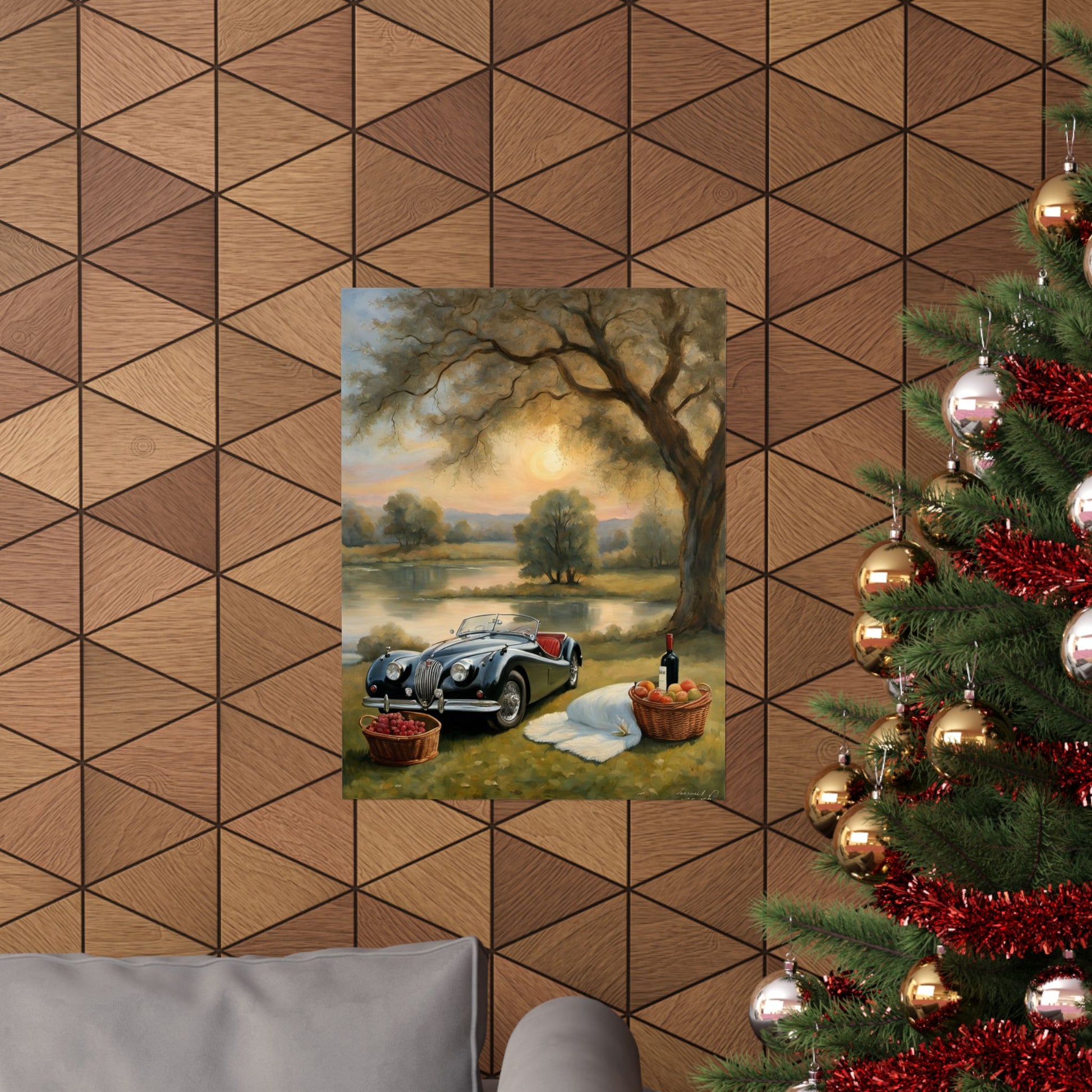 Scenic Vintage Car Matte Vertical Poster featuring a classic car near a serene landscape