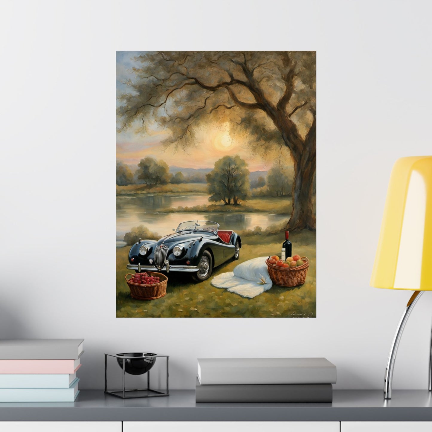 Scenic Vintage Car Matte Vertical Poster featuring a classic car by a lakeside picnic scene