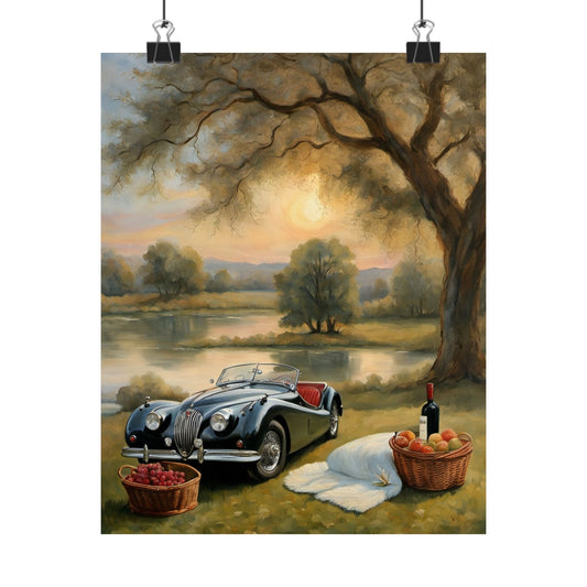 Scenic Vintage Car Matte Vertical Poster featuring a classic car by a serene lake with a picnic set up