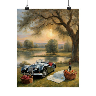 Scenic Vintage Car Matte Vertical Poster featuring a retro car by a serene lakeside picnic scene