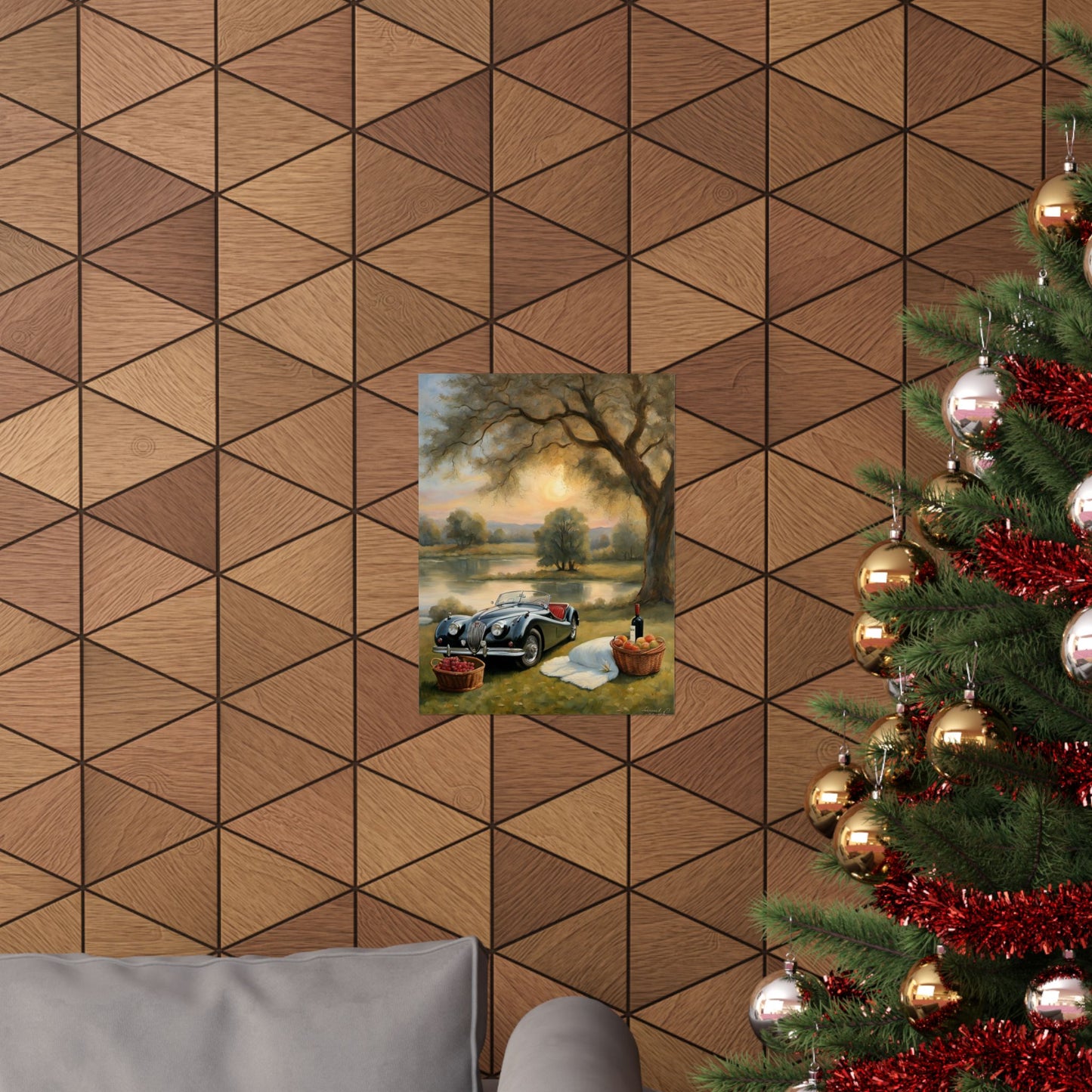 Scenic Vintage Car Matte Vertical Poster displayed on a geometric wallpaper background