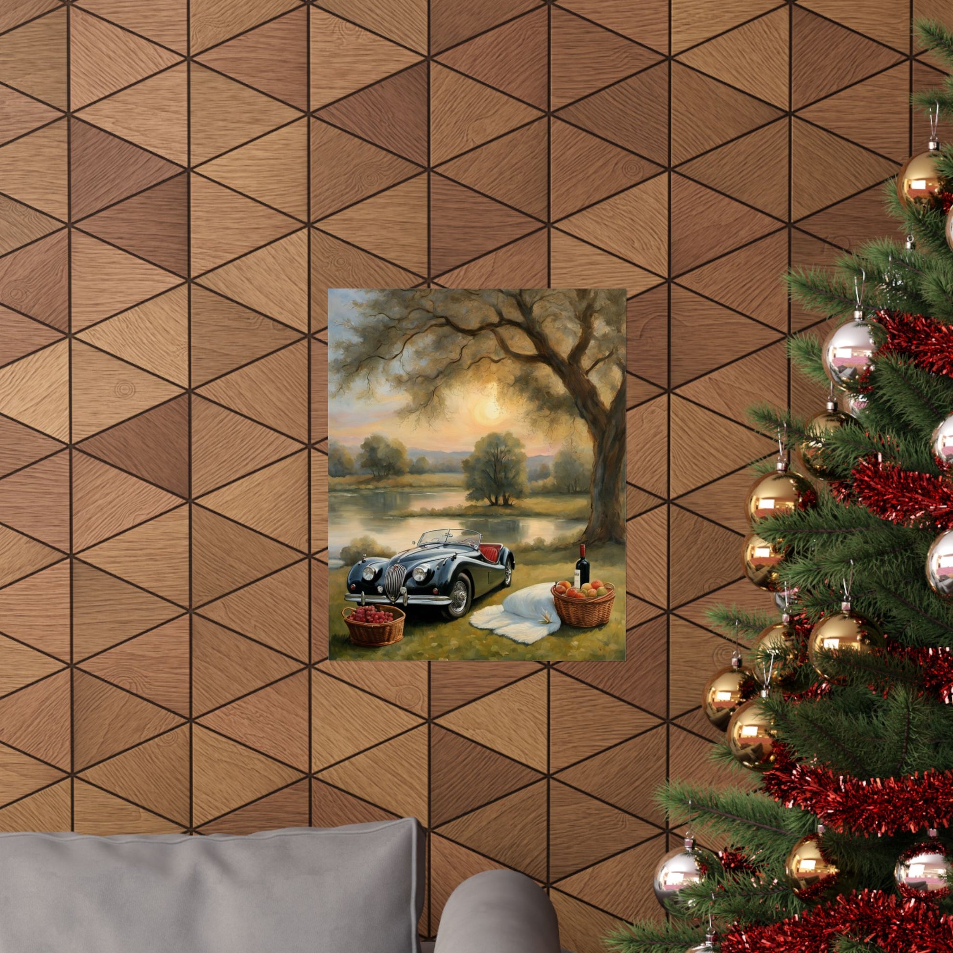 Scenic Vintage Car Matte Vertical Poster featuring a classic car by a lake and tree decor