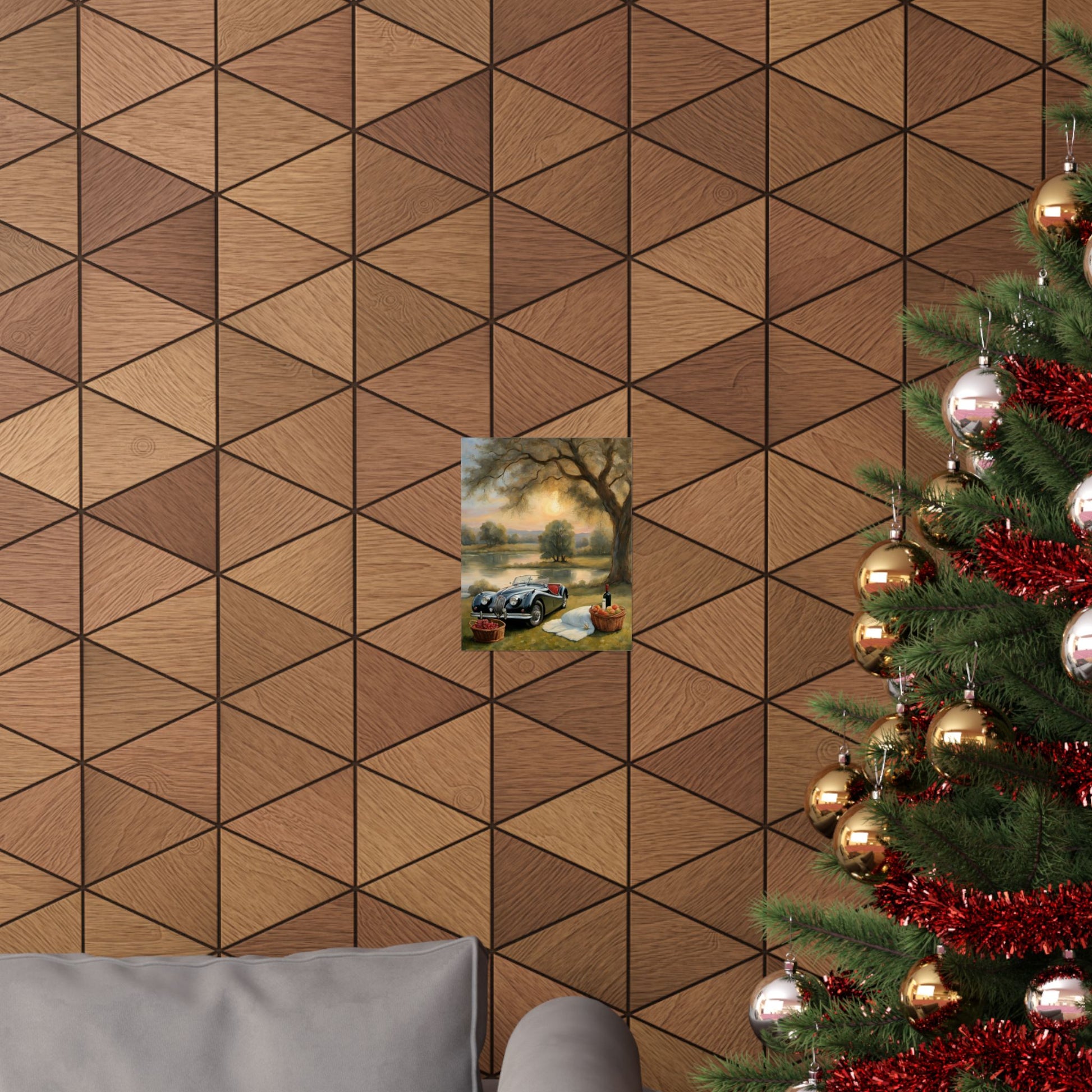 Scenic Vintage Car Matte Vertical Poster displayed on a textured wood wall near a Christmas tree