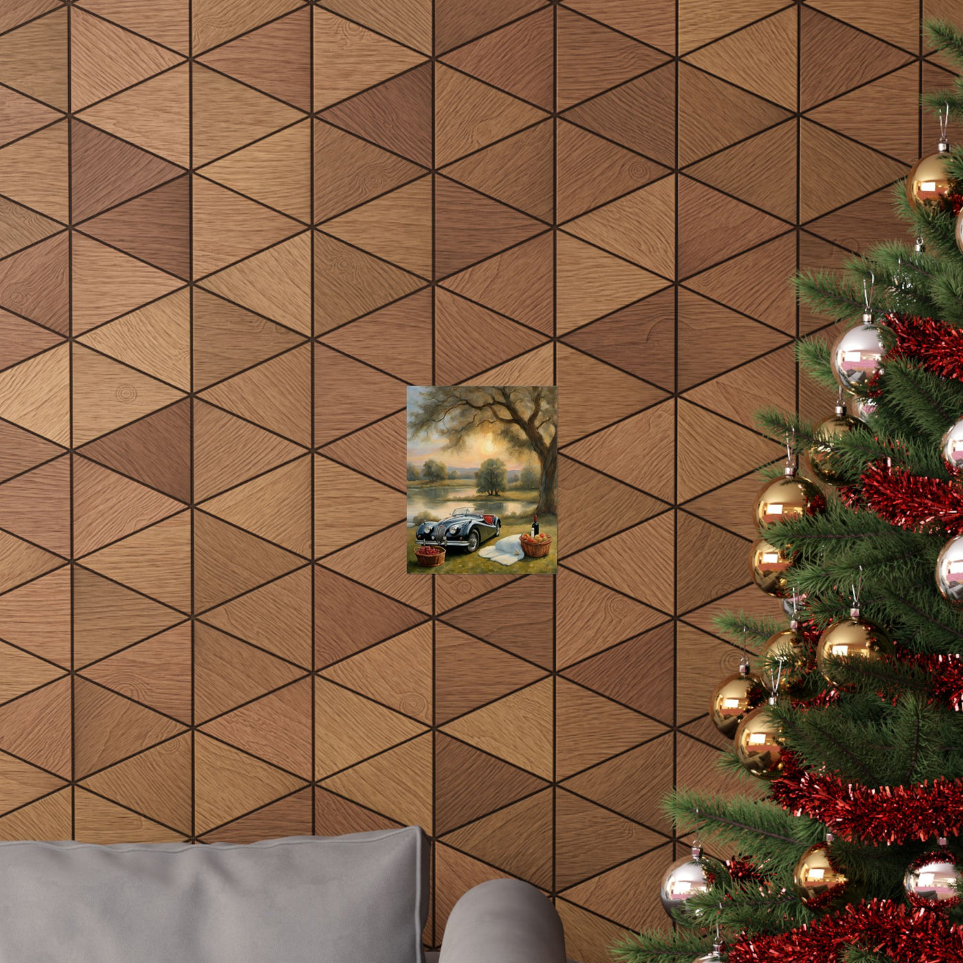 Scenic Vintage Car Matte Vertical Poster displayed on a textured wood wall near a Christmas tree