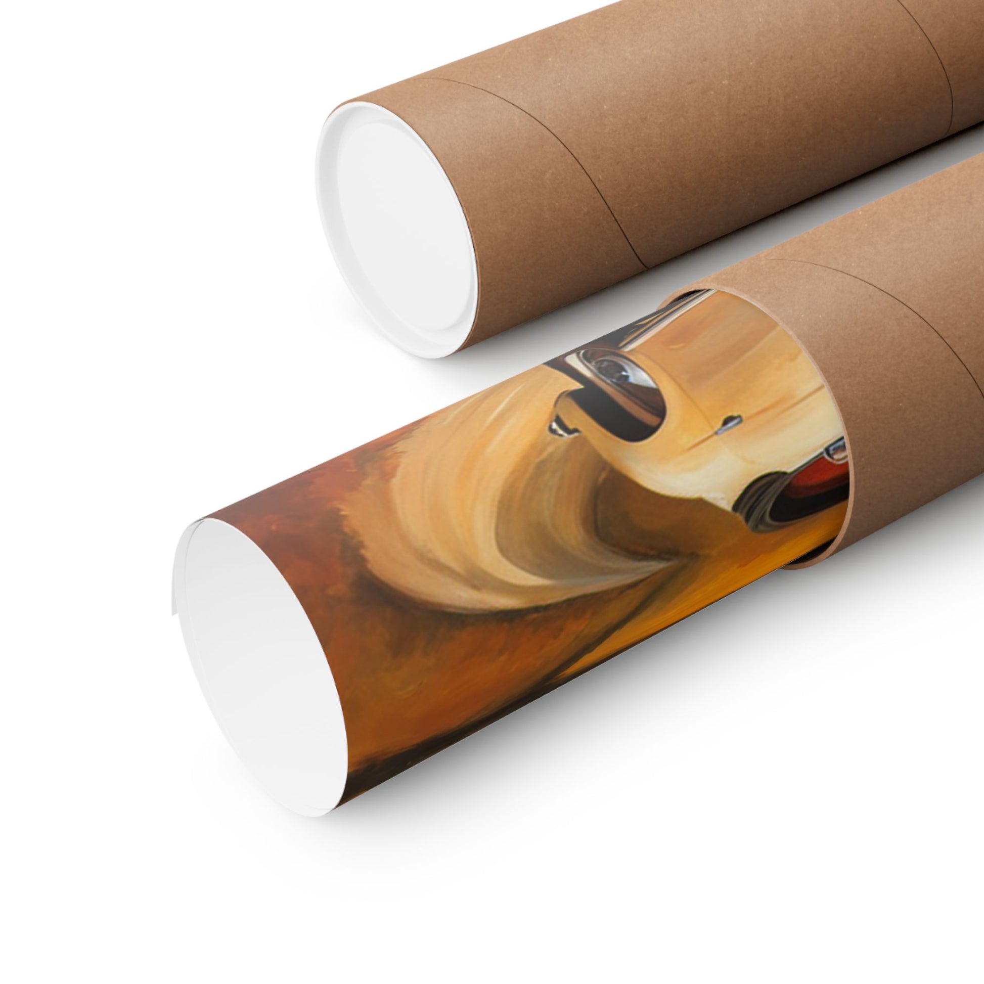 Scenic vintage car posters rolled in a protective tube ready for delivery