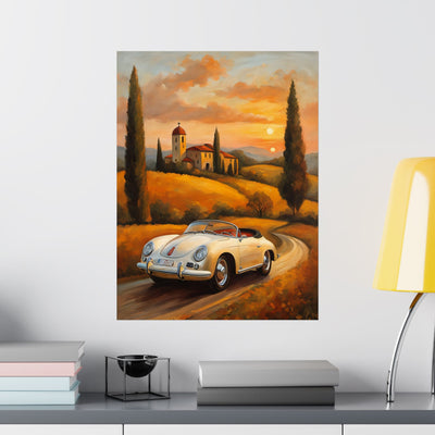 Scenic vintage car posters featuring a classic convertible driving through a picturesque landscape