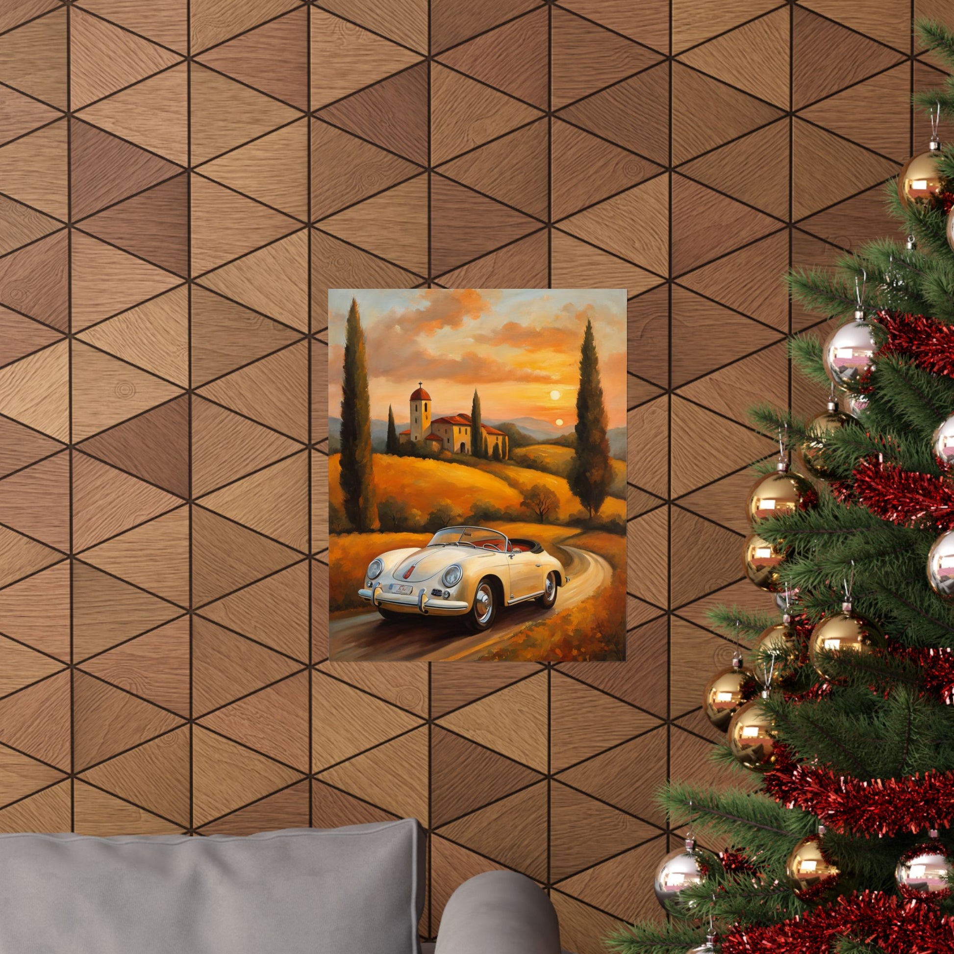 Scenic vintage car poster featuring a classic white car on a winding road with a sunset background
