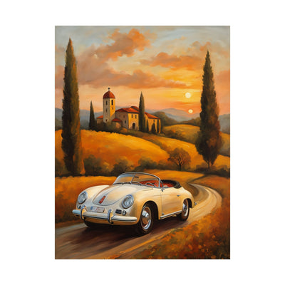 Scenic vintage car posters featuring a classic white car on a winding road with sunset backdrop