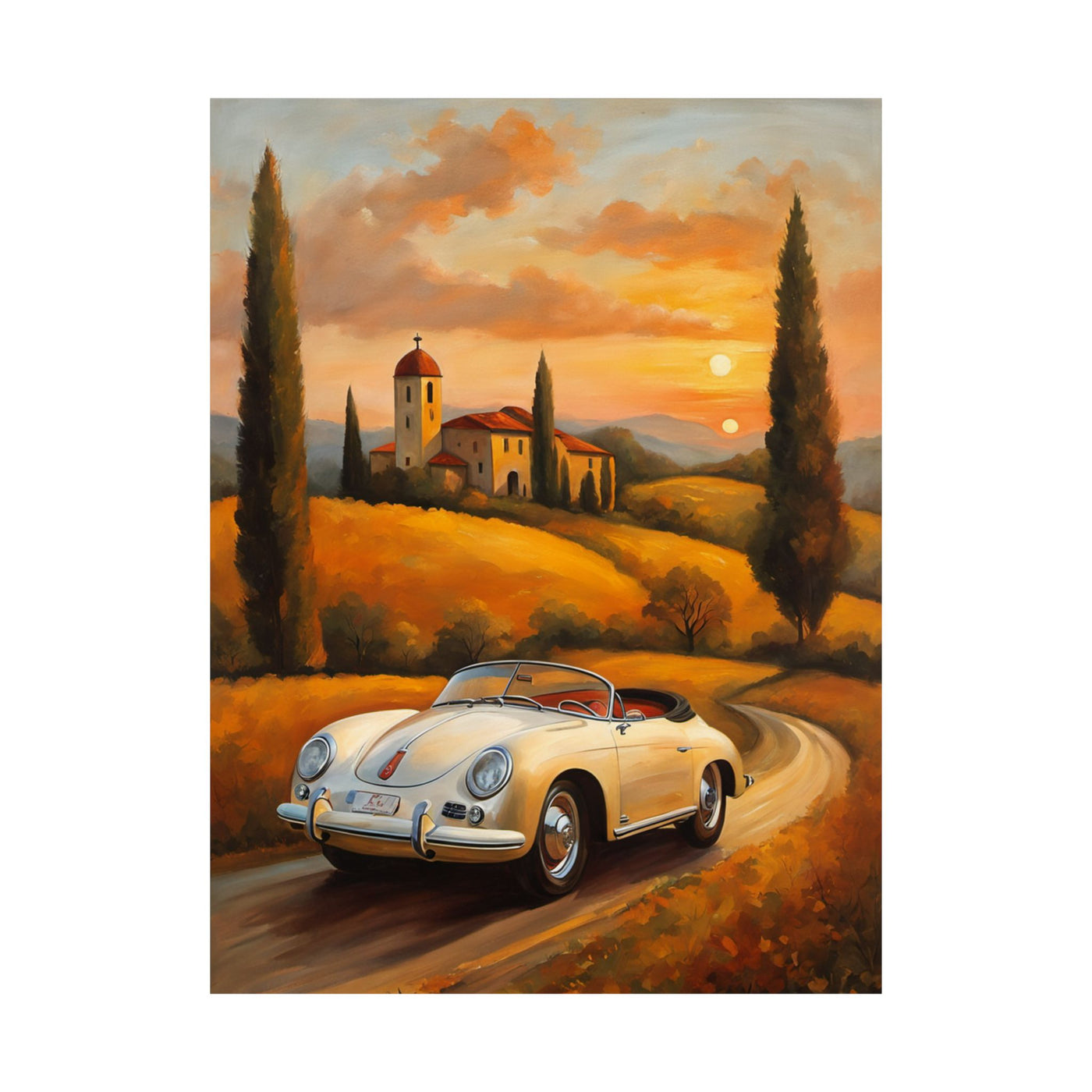Scenic vintage car poster featuring a white convertible on a winding road with picturesque hills and sunset