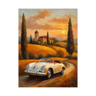 Scenic vintage car poster featuring a white convertible on a winding road with picturesque hills and sunset