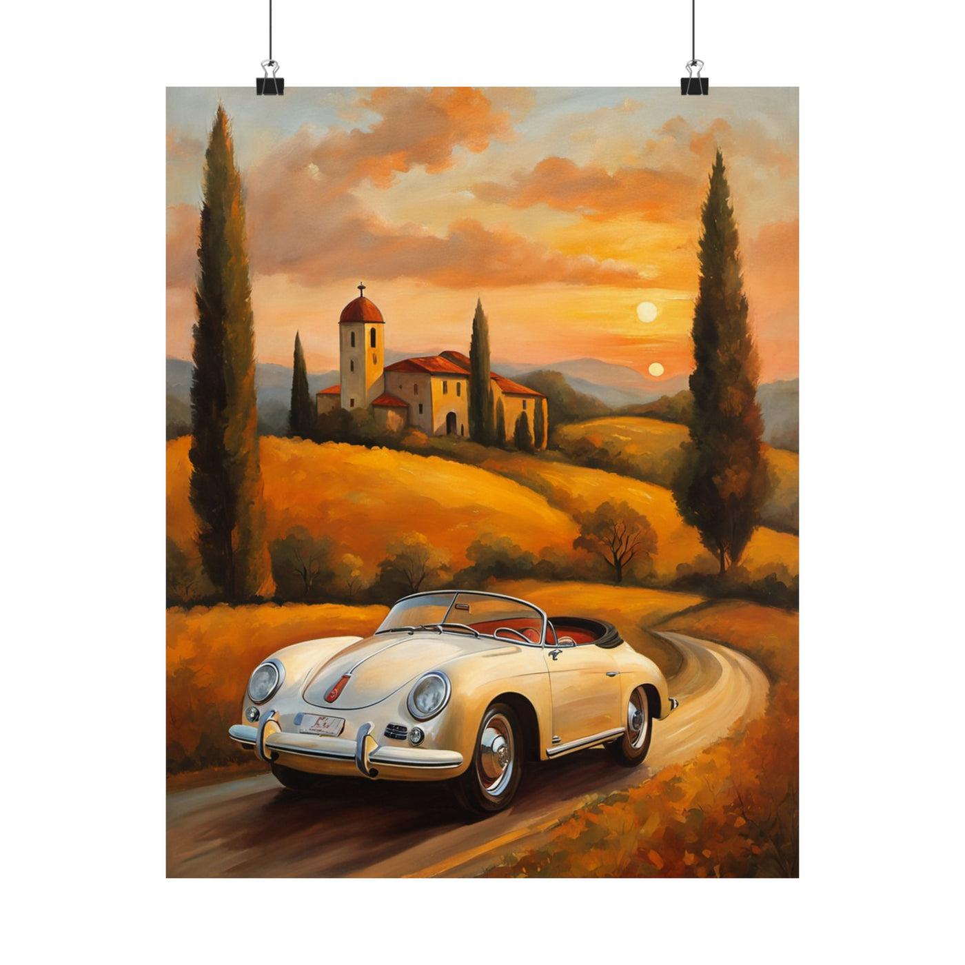 Scenic vintage car posters featuring a classic convertible against a sunset landscape