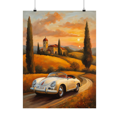 Scenic vintage car posters featuring a classic car on a winding road in a vibrant sunset landscape