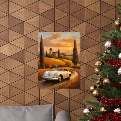 Scenic vintage car posters featuring a classic car on a winding road in a picturesque landscape