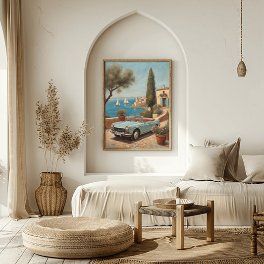 AquilVision digital print of serene terrace landscape artwork showing vintage convertible on coastal terrace with sailboats