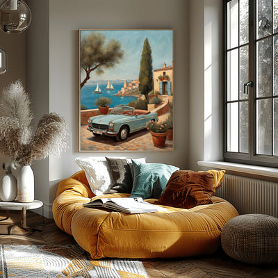 AquilVision serene terrace landscape artwork of Mediterranean terrace with vintage car and sailboats