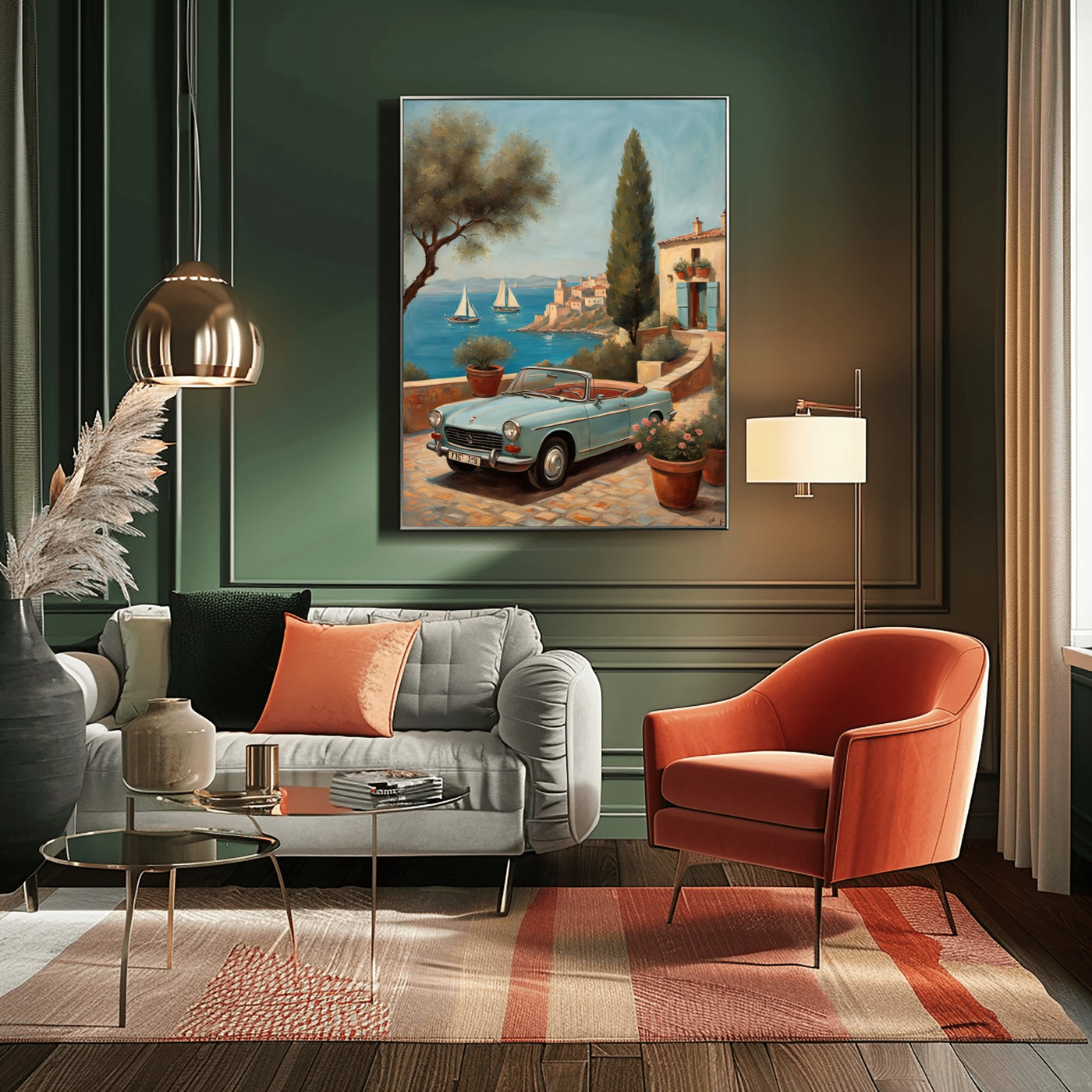 AquilVision digital print showing Mediterranean balcony with vintage convertible and sailboats serene terrace landscape artwork