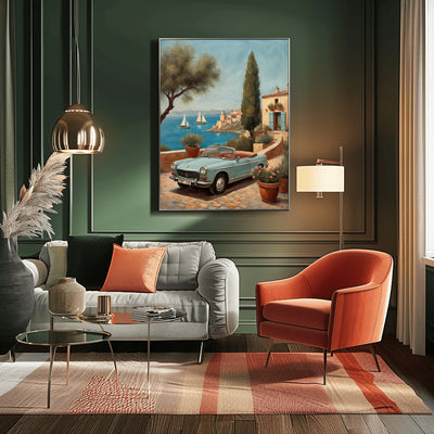 AquilVision digital print showing Mediterranean balcony with vintage convertible and sailboats serene terrace landscape artwork