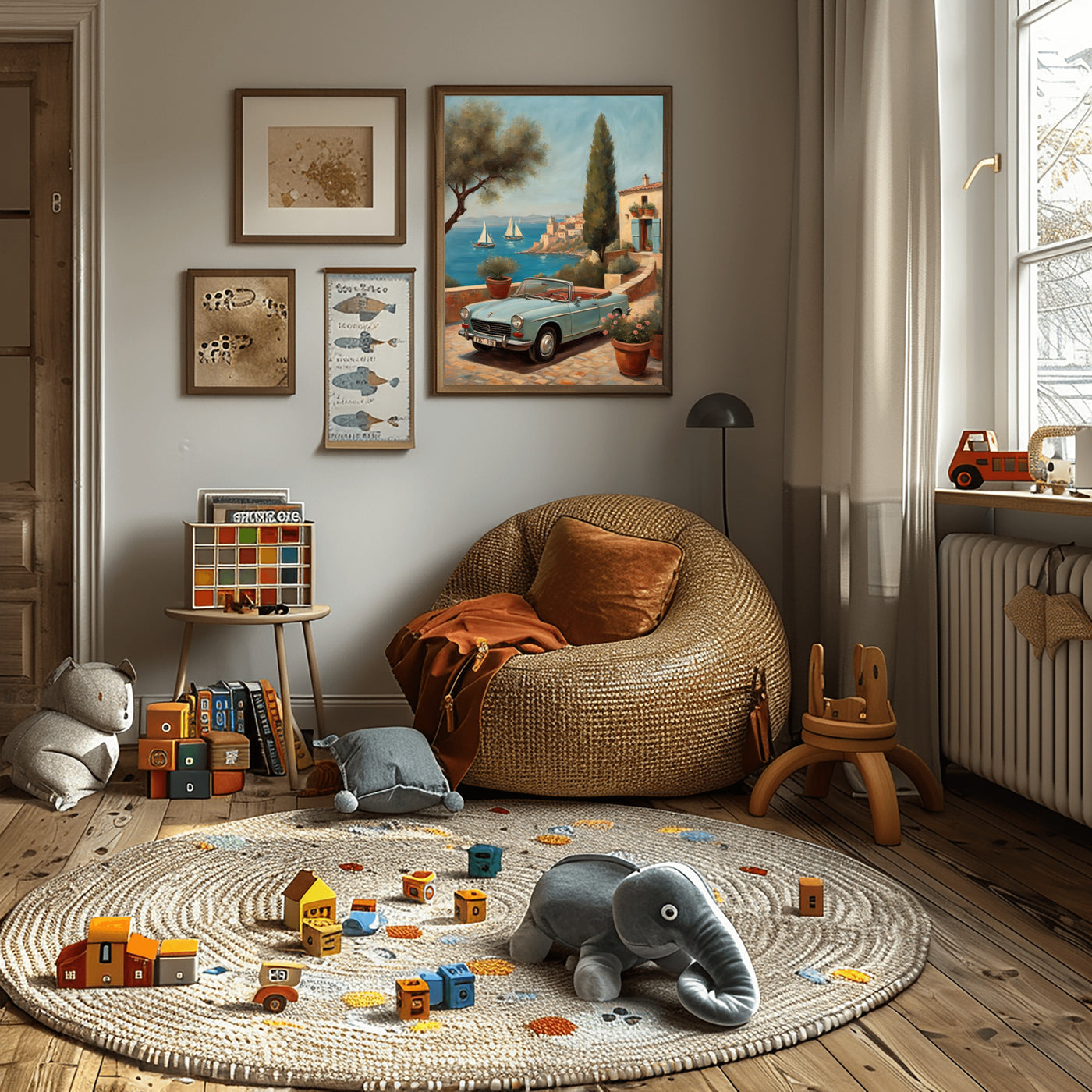 Children bedroom with wicker chair plush elephant toys rug and framed serene terrace landscape artwork print by AquilVision
