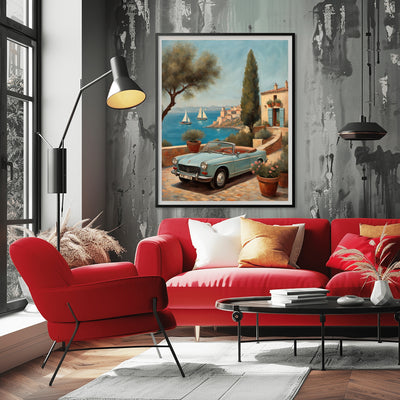AquilVision digital print of serene terrace landscape artwork framed above red sofa in modern living room
