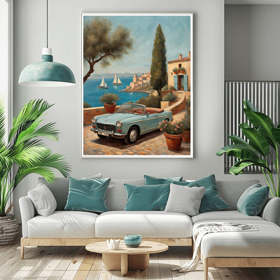 AquilVision digital print of vintage convertible on Mediterranean coast serene terrace landscape artwork for home decor