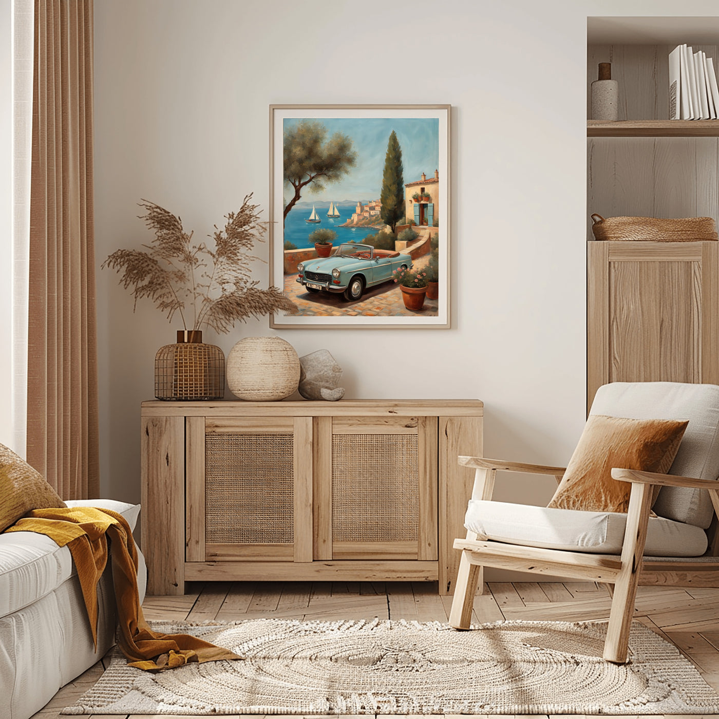 AquilVision digital print of vintage car and coastal garden overlooking sailboats in serene terrace landscape artwork