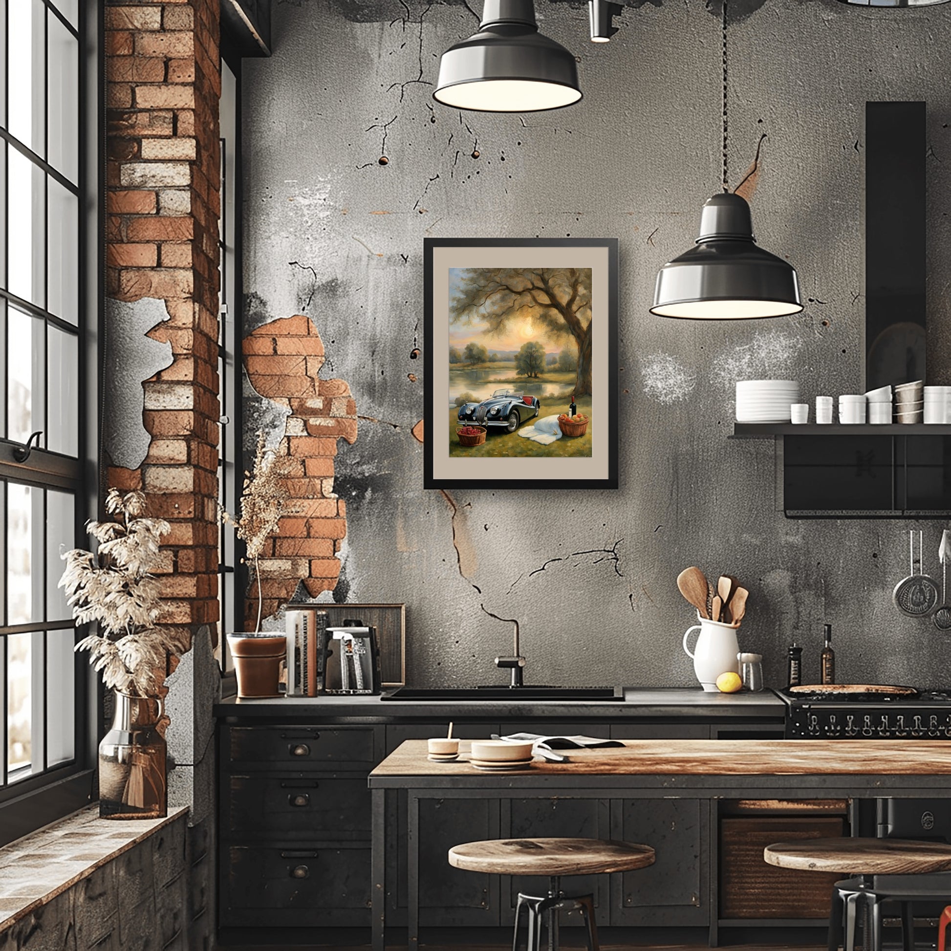 Serene landscape painting for living room displayed on wall in modern industrial kitchen