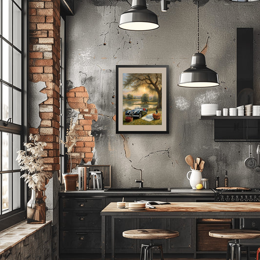 Serene landscape painting for living room displayed on wall in modern industrial kitchen
