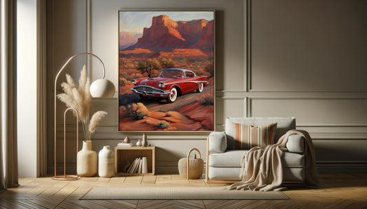 Silhouette desert decor digital artwork featuring a classic red car in a desert landscape with mesas