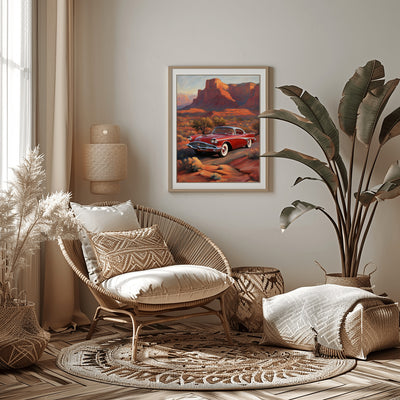 Cozy living room with silhouette desert decor painting by AquilVision above rattan chair and plants