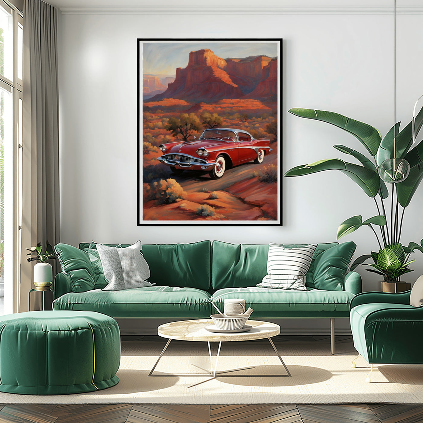 Framed digital artwork silhouette desert decor featuring a vintage red car in a canyon setting above green sectional sofa