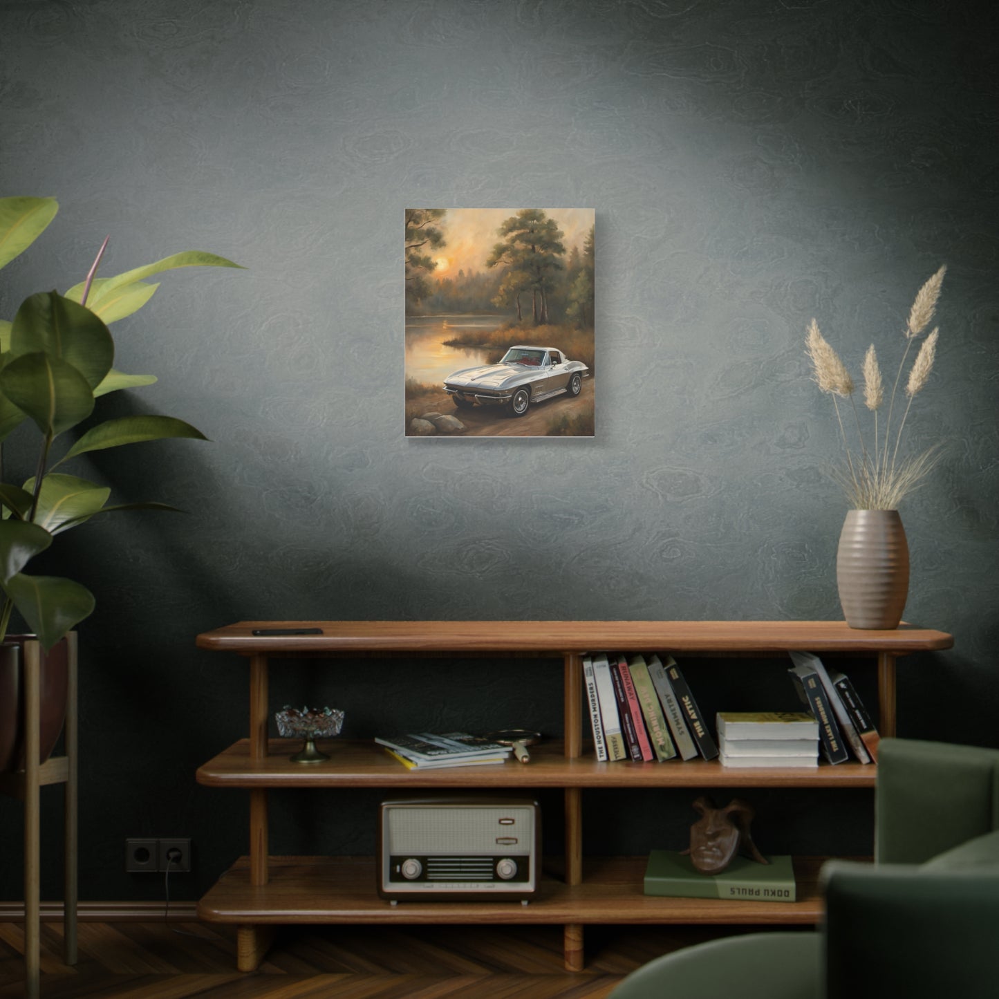 Silver Corvette Landscape Canvas Print showcasing a classic car by a serene lakeside scene