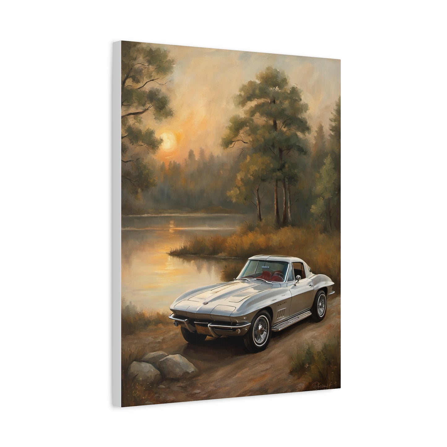 Silver Corvette Landscape Canvas Print featuring a classic car by a serene lakeside at sunset