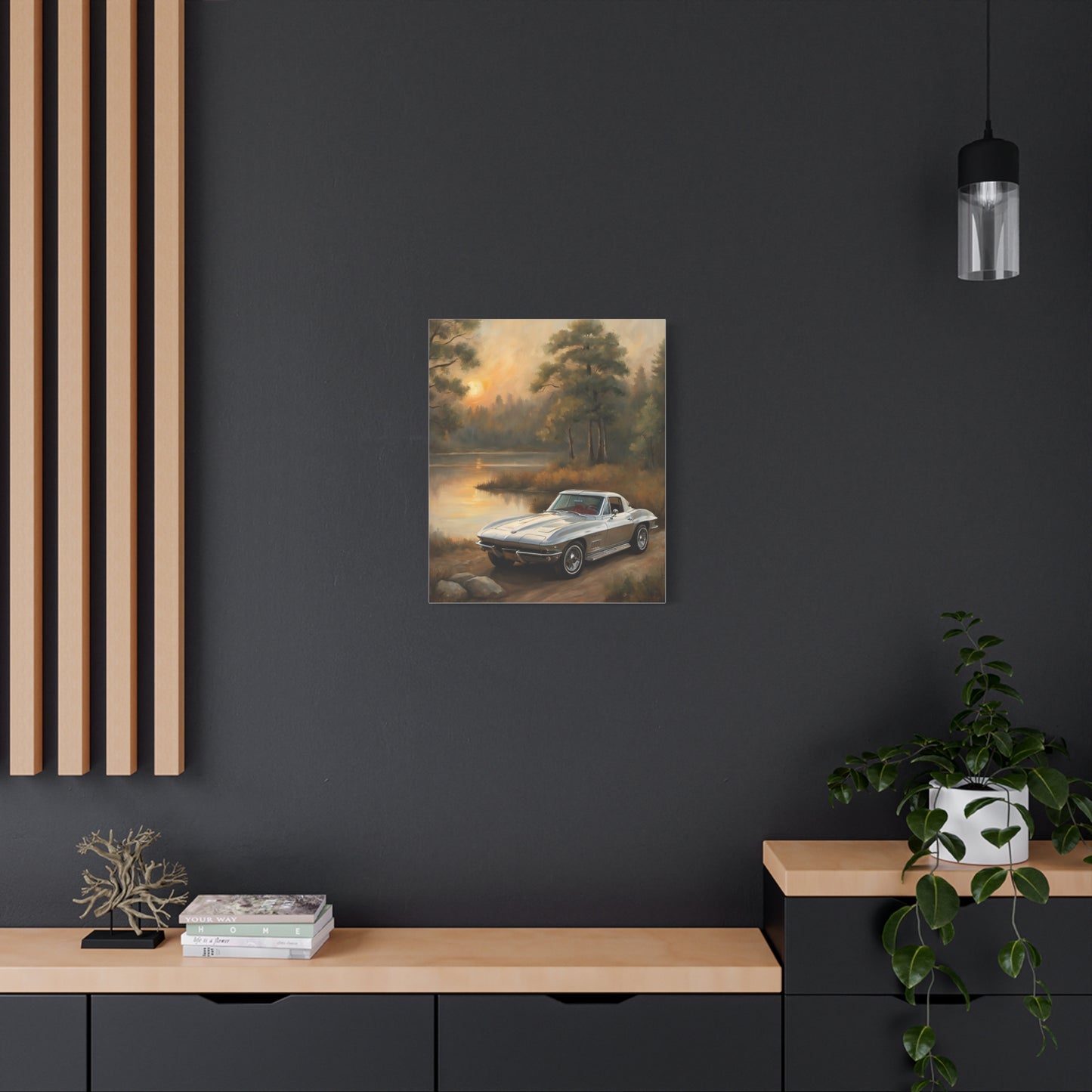 Beautiful Silver Corvette Landscape Canvas Print featuring a vintage car by a serene lake
