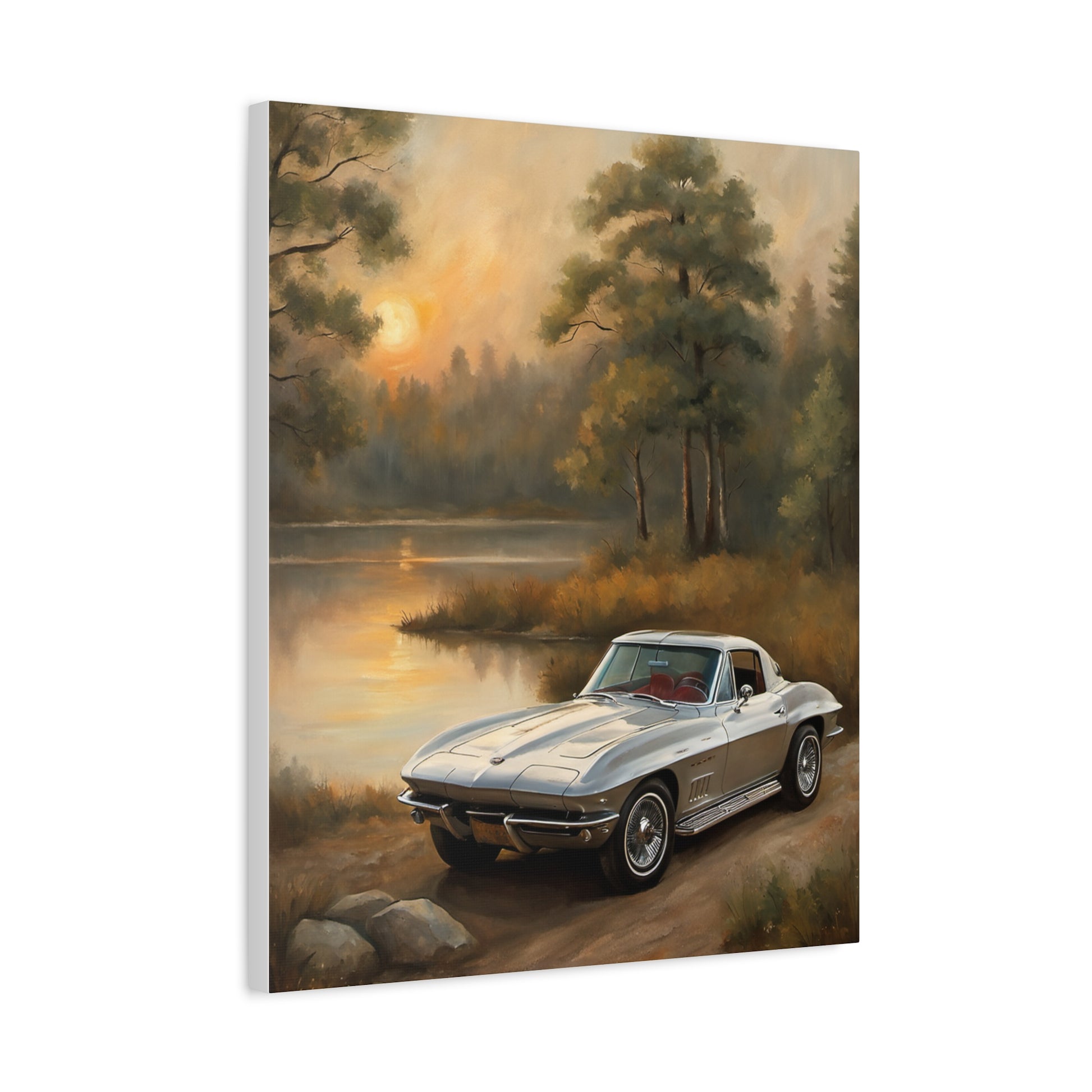 Silver Corvette Landscape Canvas Print featuring a old car by a serene lake at sunset