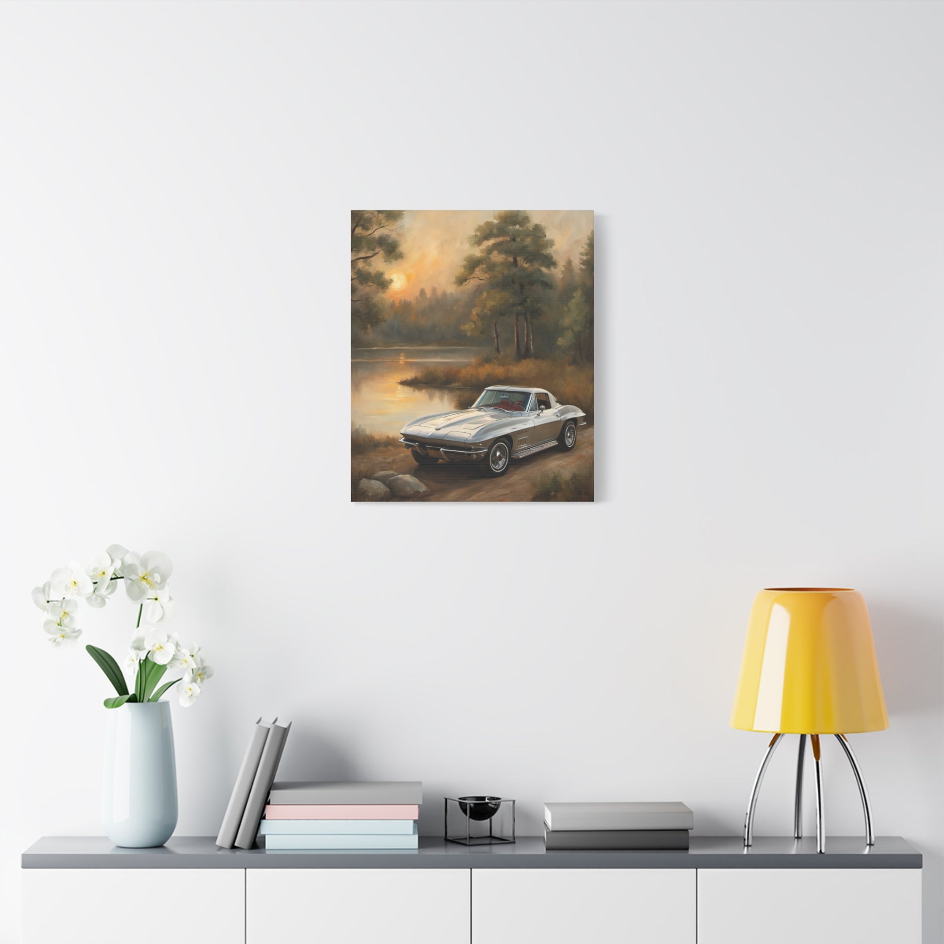 Silver Corvette Landscape Canvas Print featuring a classic car by a serene lake with trees