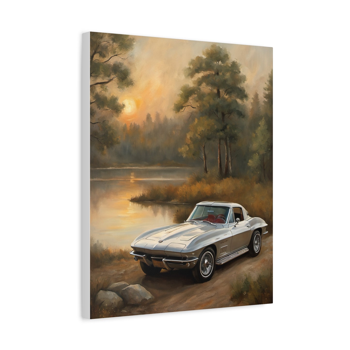 Silver Corvette Landscape Canvas Print featuring a classic car by a serene lake at sunset