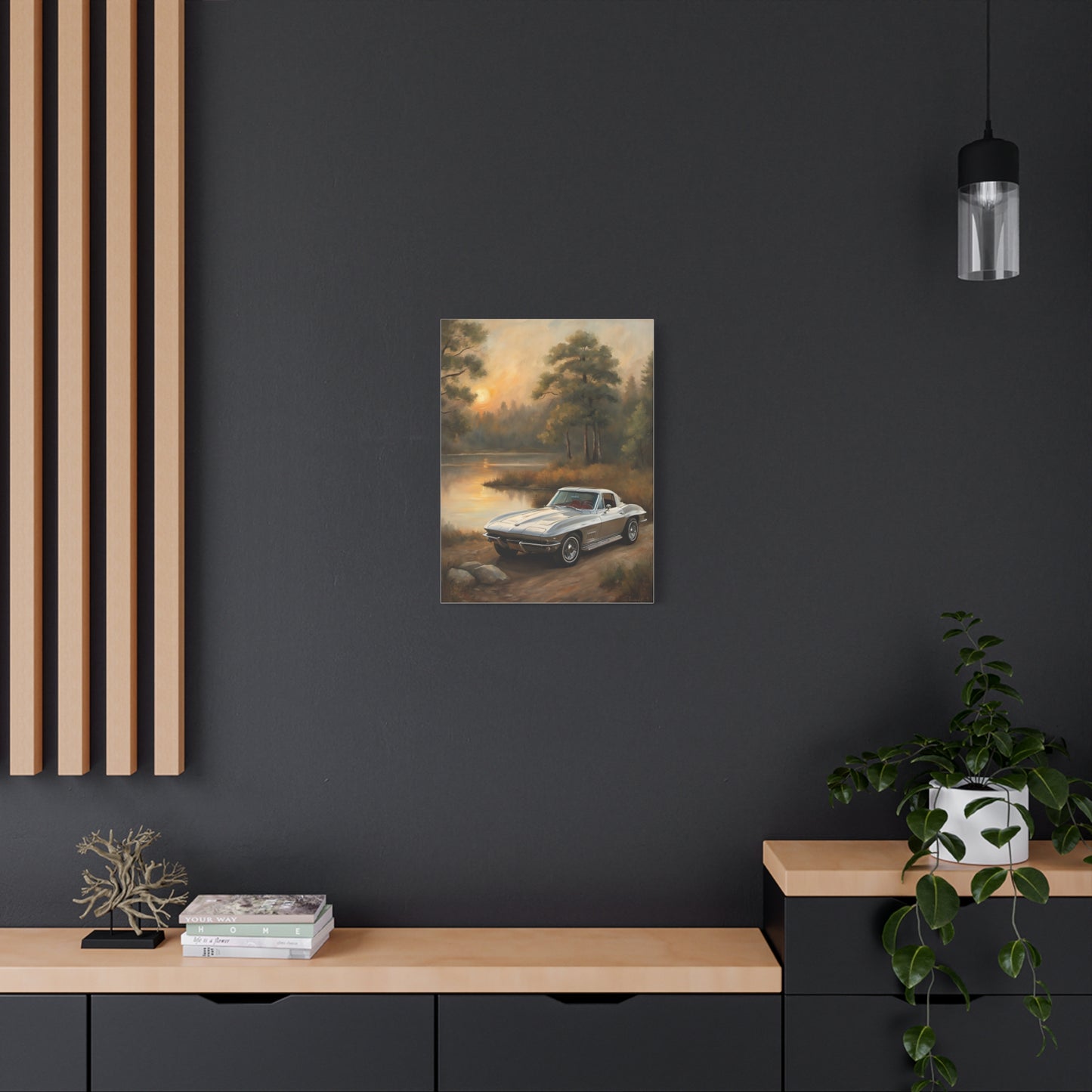 Silver Corvette Landscape Canvas Print showcasing a classic car by a serene lake with trees