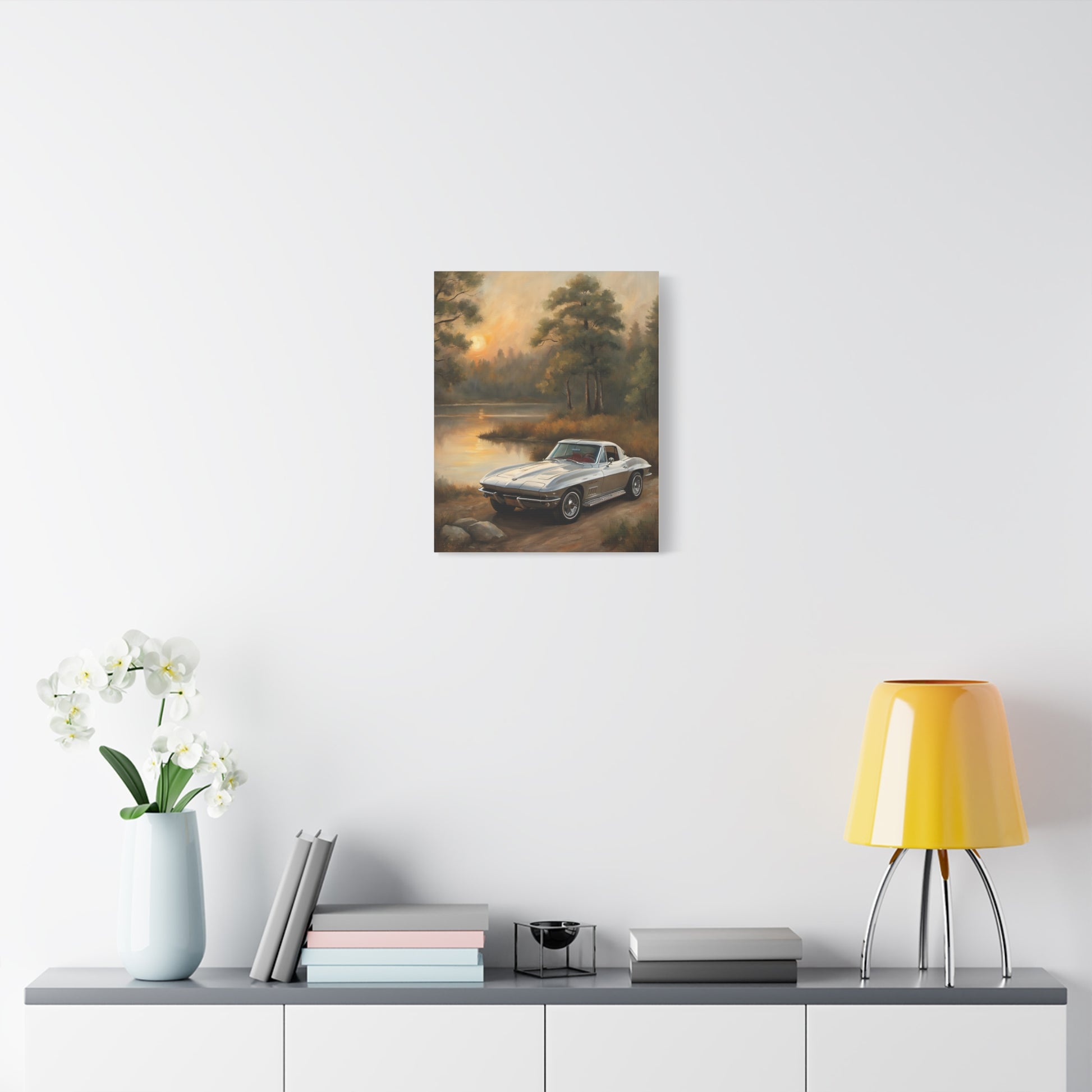 Silver Corvette Landscape Canvas Print featuring a scenic background with trees and water