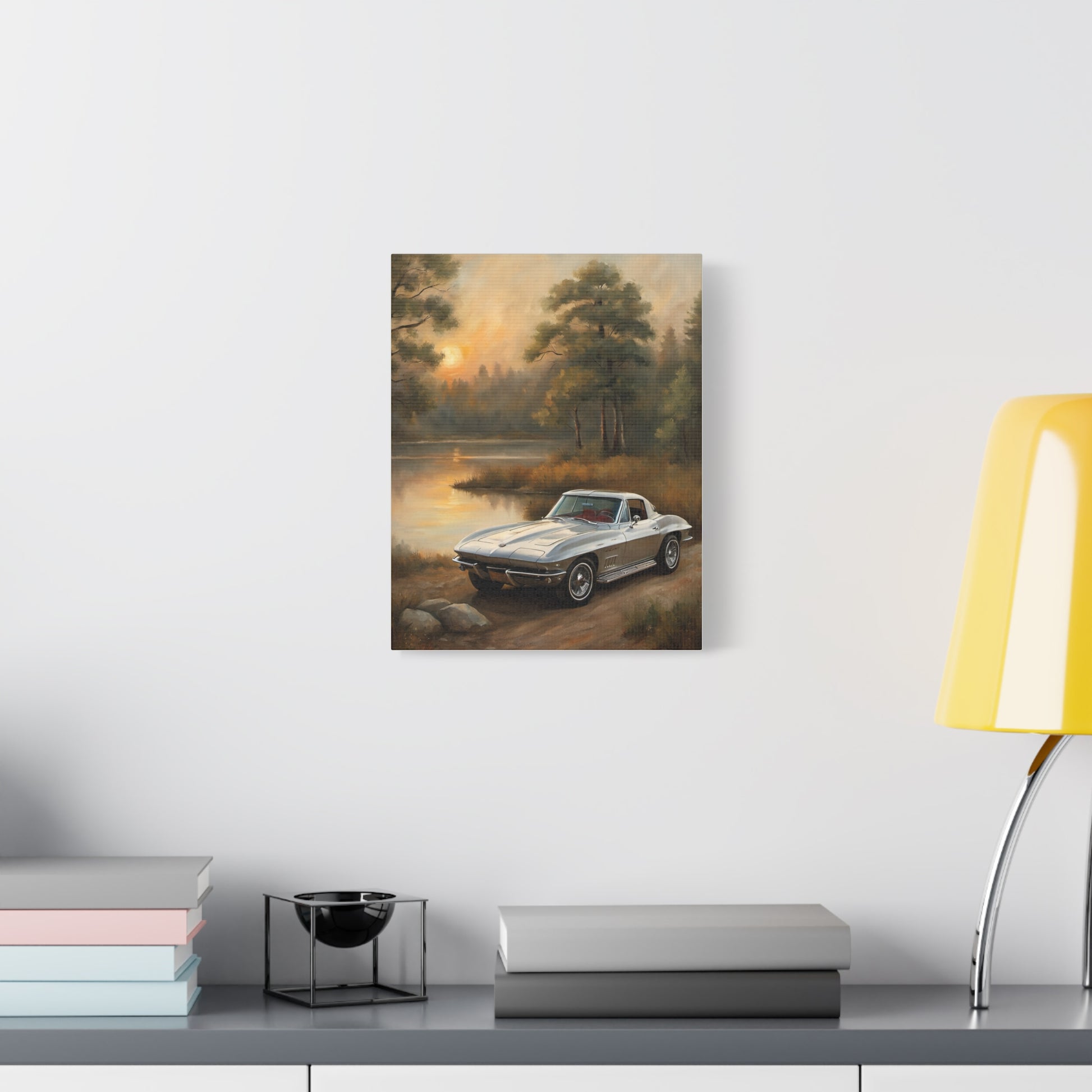 Silver Corvette Landscape Canvas featuring a nostalgic car by a serene lake at sunset