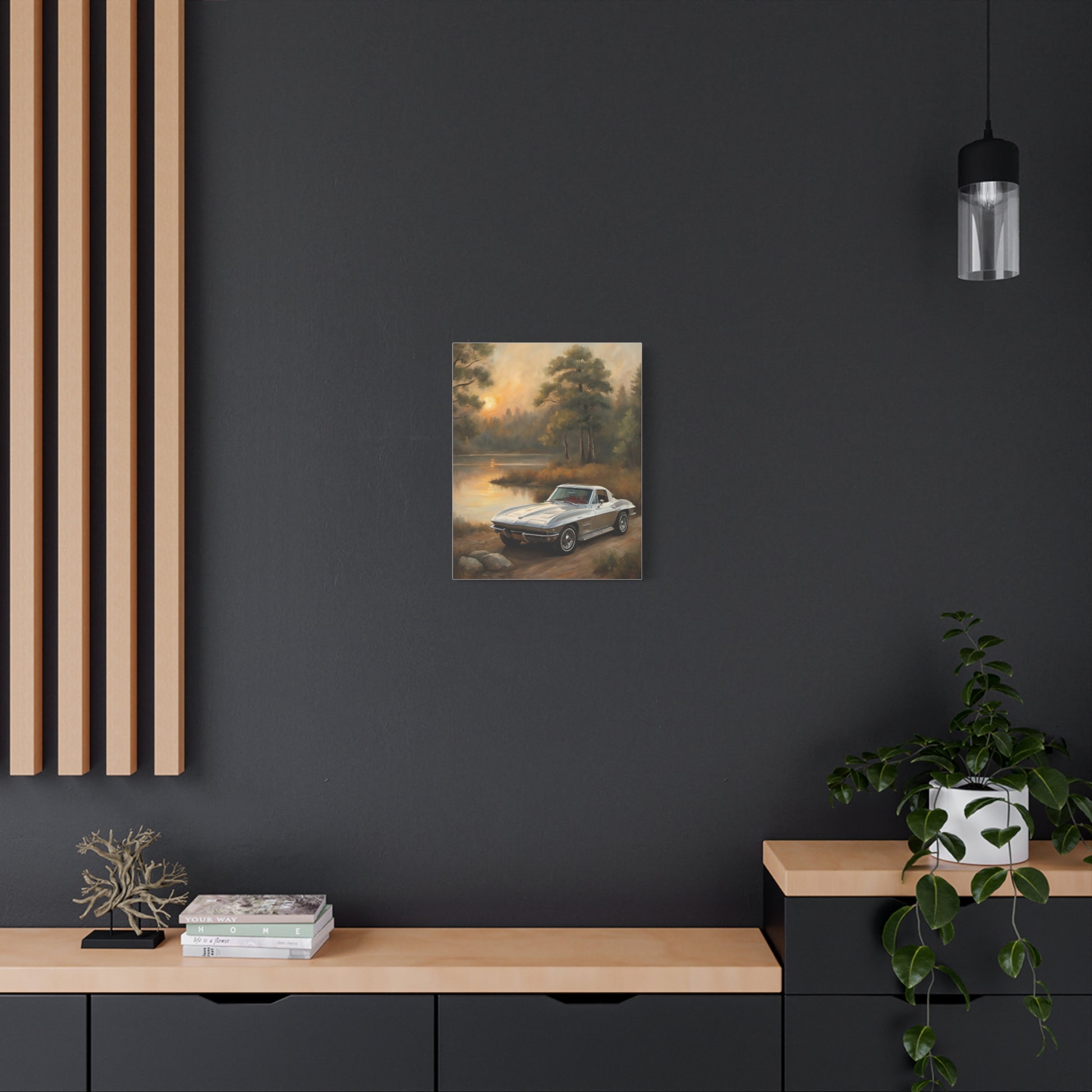 Silver Corvette Landscape Canvas Print hanging on a modern wall with decorative elements