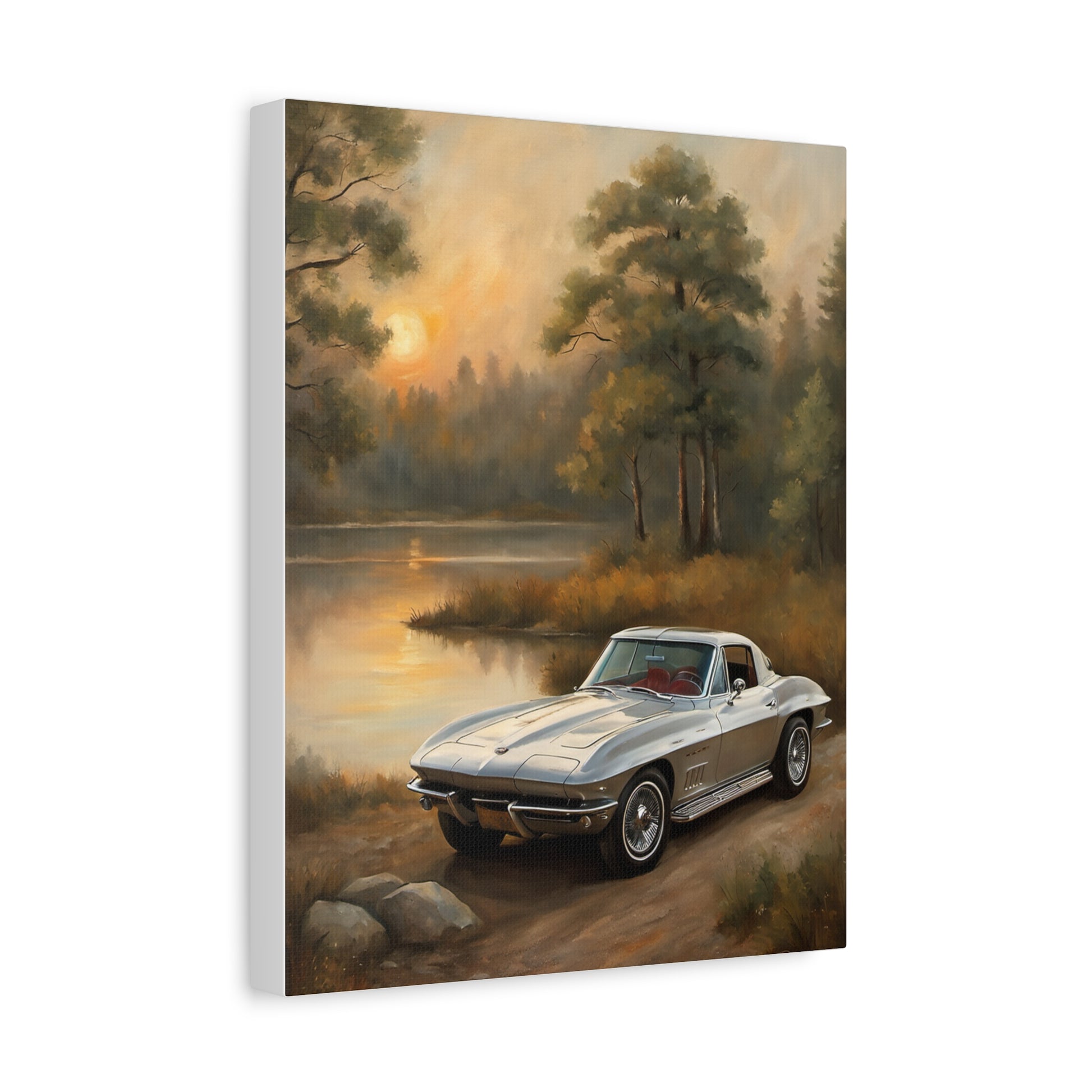 Silver Corvette Landscape Canvas featuring a vintage car by a serene lake at sunset