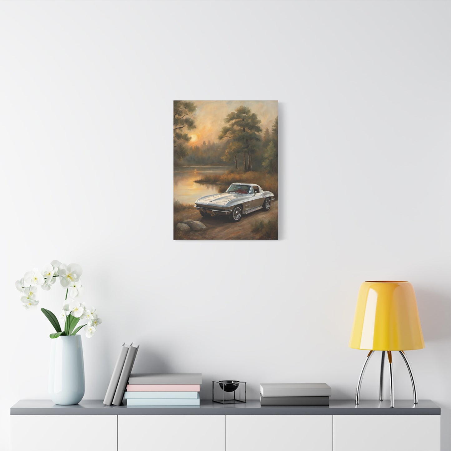 Silver Corvette Landscape Canvas Print featuring a vintage car by a serene lake at sunset