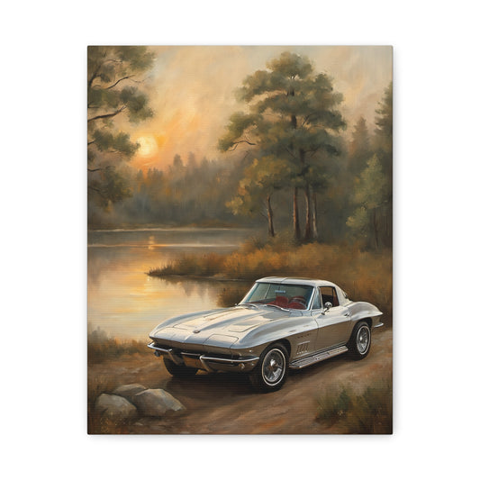 Silver Corvette Landscape Canvas Print featuring a classic car by a tranquil lake at sunset