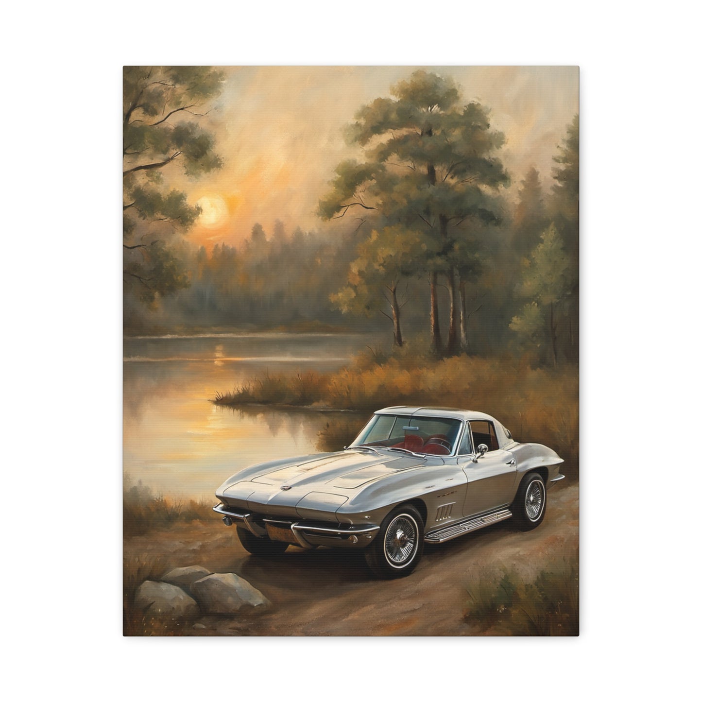Silver Corvette Landscape Canvas Print featuring a retro car by a serene lakeside at sunset