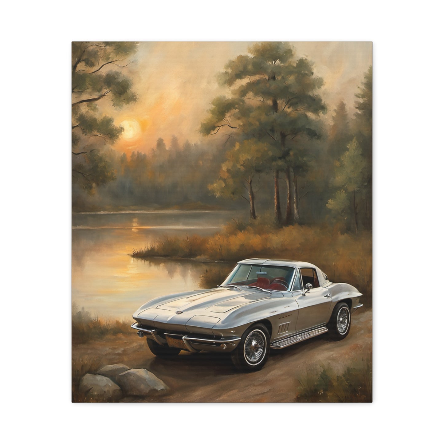 Silver Corvette Landscape Canvas featuring a classic car by a serene lake at sunset