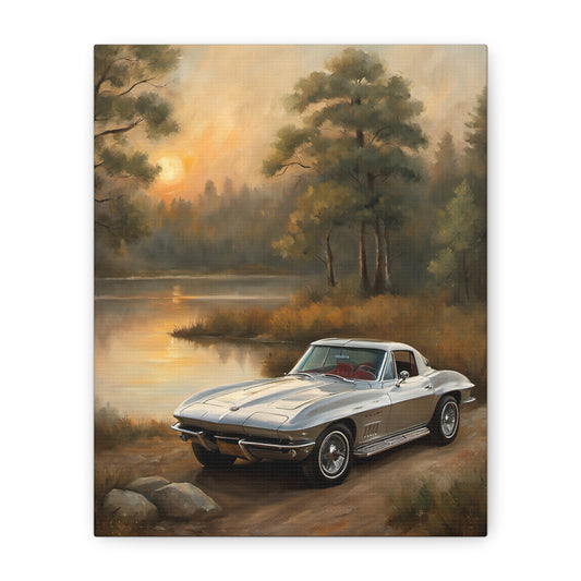 Silver Corvette Landscape Canvas Print featuring a oldcar by a serene lake at sunset