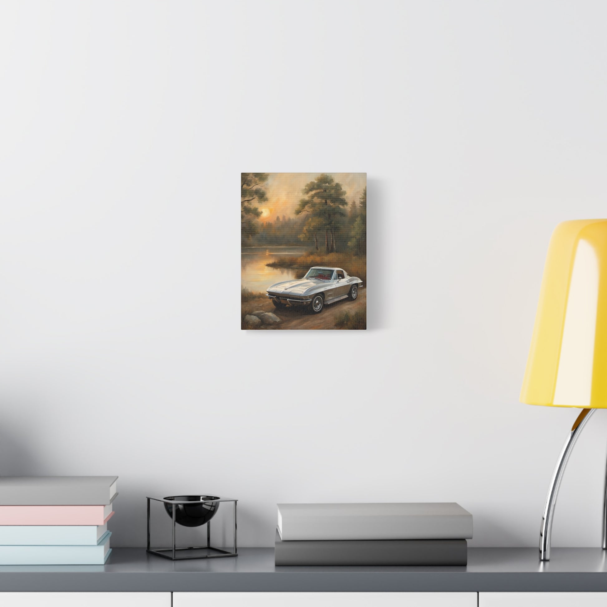 Silver Corvette Landscape Canvas Print featuring a old car by a serene lake with trees