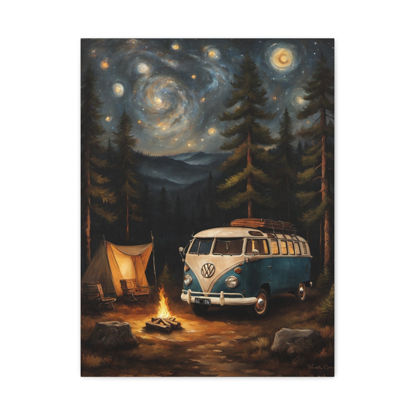 Starry Night Vintage Van Canvas Print featuring a classic camper van parked by a campfire in a starry forest